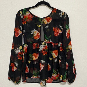 Truth Black Red Floral Sheer Long Sleeve Top Size S